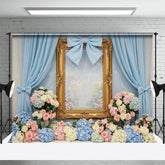 Aperturee - Aperturee Floral Blue Curtain Bows Sweet Wedding Backdrop